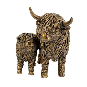 English Elm 7.5x4.5x5.5" Lifelike Highland Cow & Calf Figurine in Antique Bronze Finish — Detailed Rustic Home Accent W2078P392260