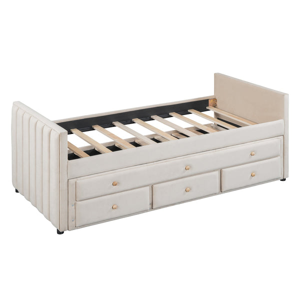 English Elm Twin Upholstered Daybed with Pull-Out Trundle and 3 Drawers, Velvet Finish, Solid Frame, Slat Kit Included Beige SF000147AAA