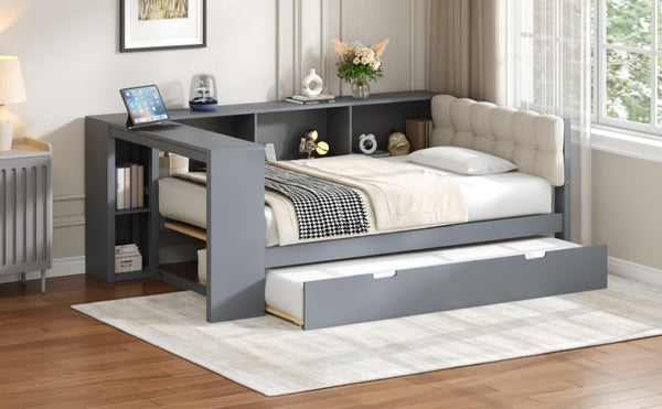 English Elm Wood Twin Platform Bed Linen Headboard Storage Shelves Trundle Charging Station Gray N709P004023E