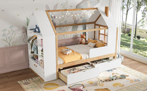 English Elm Twin House Frame Bed Pine Wood with Storage Drawers and Shelves for Kids Bedroom W1580S00572