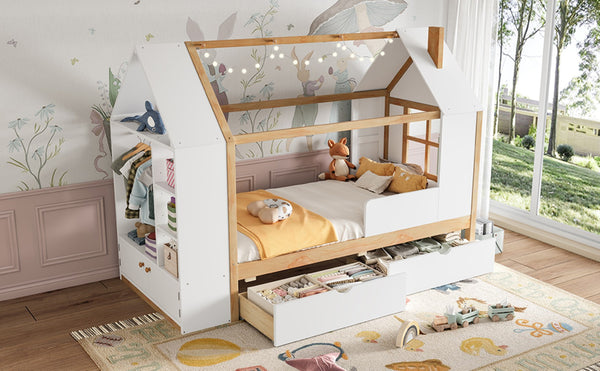 English Elm Twin House Frame Bed Pine Wood with Storage Drawers and Shelves for Kids Bedroom W1580S00572