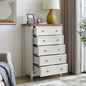 English Elm Modern 5-Drawer Dresser Tall Chest with Smooth-Glide Drawers, Metal Handles, Stable Feet, Beige Finish W2275P233488
