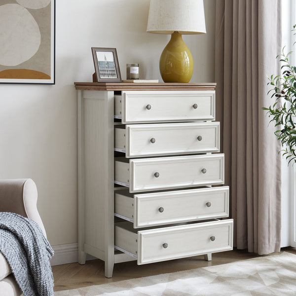 English Elm Modern 5-Drawer Dresser Tall Chest with Smooth-Glide Drawers, Metal Handles, Stable Feet, Beige Finish W2275P233488