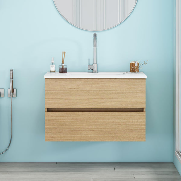 English Elm 32-Inch Wall-Mounted Bathroom Vanity With Soft-Close Drawers, Ceramic Sink & Modern Design Finish W3151S00041