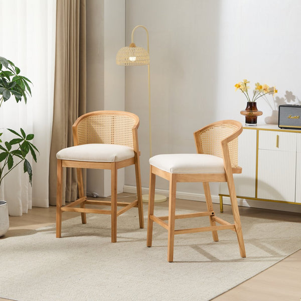 English Elm Christopher Knight Home® - Tatti Plush Padded Counter Stool Set of 2 with Rattan-Accented Curved Back and Wood Frame, Cozy Beige,Natural N775P271407N