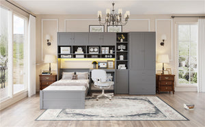 English Elm Wooden Twin Loft Bed with Built-in Desk Wardrobe Storage Drawers and Led Lighting N820S00069E