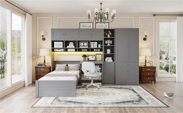 English Elm Wooden Twin Loft Bed with Built-in Desk Wardrobe Storage Drawers and Led Lighting N820S00069E
