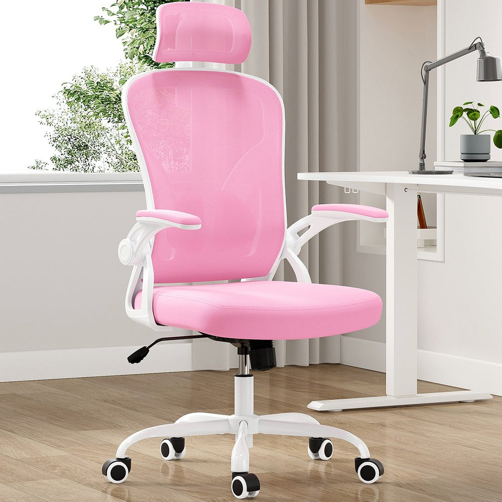 English Elm Ergonomic Office Chair - Stylish High Back With Adjustable Headrest & Lumbar Support, White & Pink T3623P380928