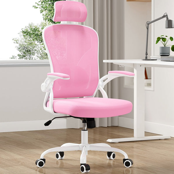 English Elm Ergonomic Office Chair - Stylish High Back With Adjustable Headrest & Lumbar Support, White & Pink T3623P380928