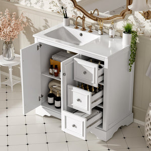 English Elm 36'' Transitional Bathroom Vanity with Ceramic Sink, Solid Wood Frame, Adjustable U-Shelf & Soft-Close Doors White N729P292966K