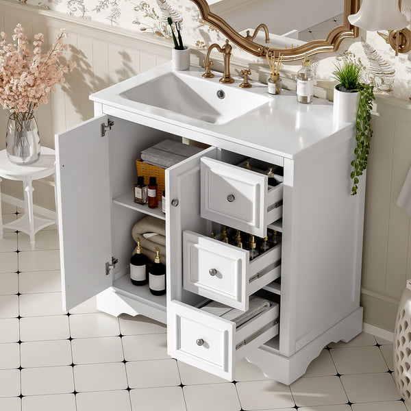 English Elm 36'' Transitional Bathroom Vanity with Ceramic Sink, Solid Wood Frame, Adjustable U-Shelf & Soft-Close Doors White N729P292966K