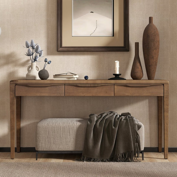 English Elm U_style Oak Veneer Console Table with Three Wave Drawers for Entryway or Foyer Brown N711P401926D