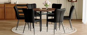 English Elm Table and Chair Set 42 Inch Round Wood Grain Dining with Glass Inlay Six Pu Seats Brown+Black W1151S04496