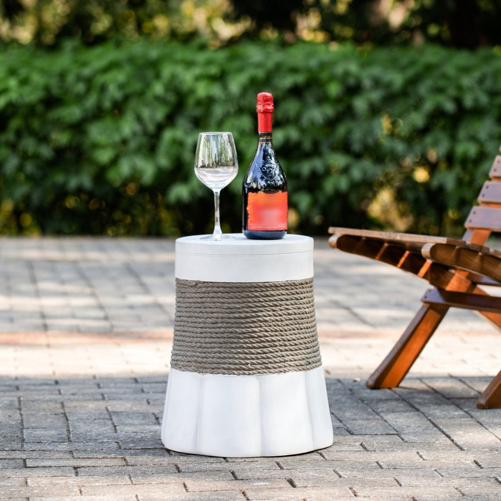 English Elm Outdoor Mgo Side Table with Woven Rope Texture and Fan Base for Patio or Living Room N765P382573W