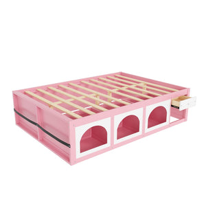 English Elm Queen Storage Platform Bed with Led Lighting Bookshelf Display Cabinet and Pull-out Drawer Pink+White N820S00078H