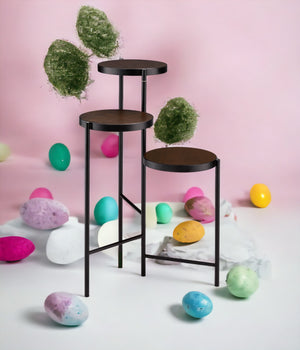 English Elm Namid Multi-Tier Foldable Black Plant Stand with 3 Open Wood Veneer Shelves, Metal Frame, 10lb Limit B2726P287568