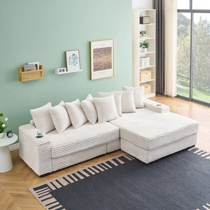 English Elm 111.4-inch Beige Corduroy Sectional Sofa with Storage Armrests and Reversible Chaise W1658S00131