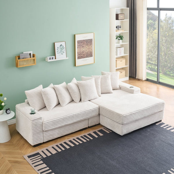 English Elm 111.4-inch Corduroy Sectional Sofa with Storage Armrests and Reversible Chaise Lounge W1658P263410