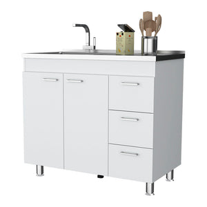 English Elm Darien White Base Cabinet with Faucet Hole, Double Door & 3 Drawers, 39.37"W x 35.43"H Stylish storage B128S00040