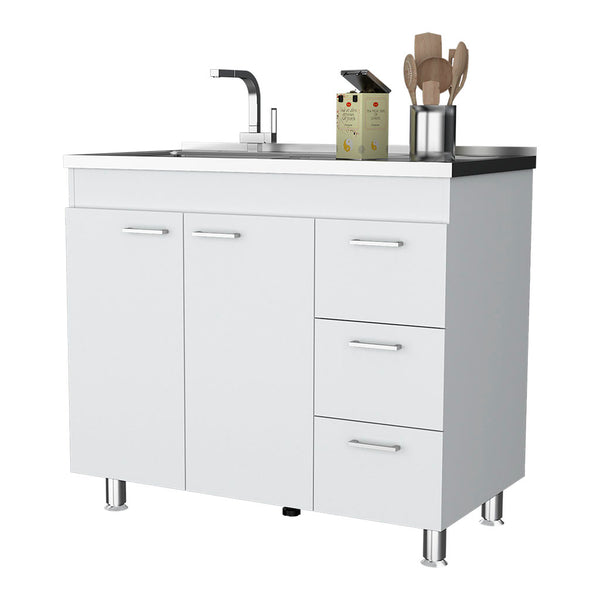 English Elm Darien White Base Cabinet with Faucet Hole, Double Door & 3 Drawers, 39.37"W x 35.43"H Stylish storage B128S00040