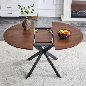 English Elm Extendable Round Dining Table Walnut Grain Top Matte Black Base Seats 4 to 6 W3875S00001