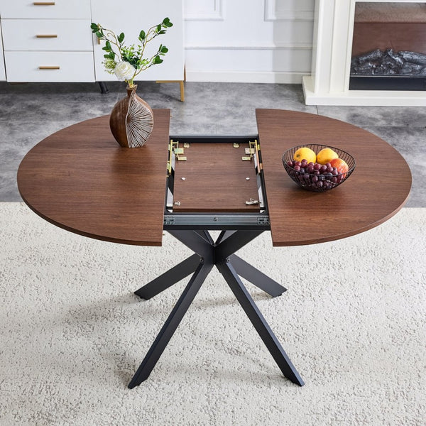English Elm Extendable Round Dining Table Walnut Grain Top Matte Black Base Seats 4 to 6 W3875S00001