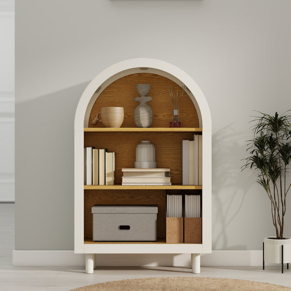 English Elm Arched White & Woodgrain Bookcase with 3 Shelves — Elegant Arched Top, Solid Wood Legs, Versatile Storage W2557P331018