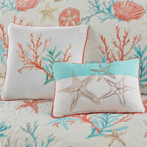 JLA Home Madison Park - 6 Coastal Cotton Sateen Quilt Set with Embroidered Shell & Starfish Pillows for Resort-Style Bedrooms Coral MP13-2710