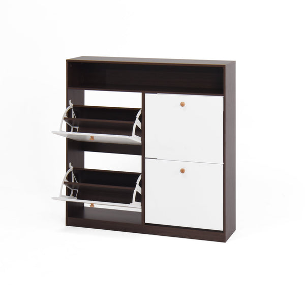 English Elm Shoe Storage Cabinet with 4 Flip Drawers, Slim Freestanding Shoe Rack Organizer with Wood Handle, Anti-Tip Safety and Top Shelf for Entryway Walnut W409P195085