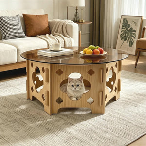 English Elm Round Carved Wood Base Coffee Table with Tea Glass Top for Modern Living Rooms W3935P481195