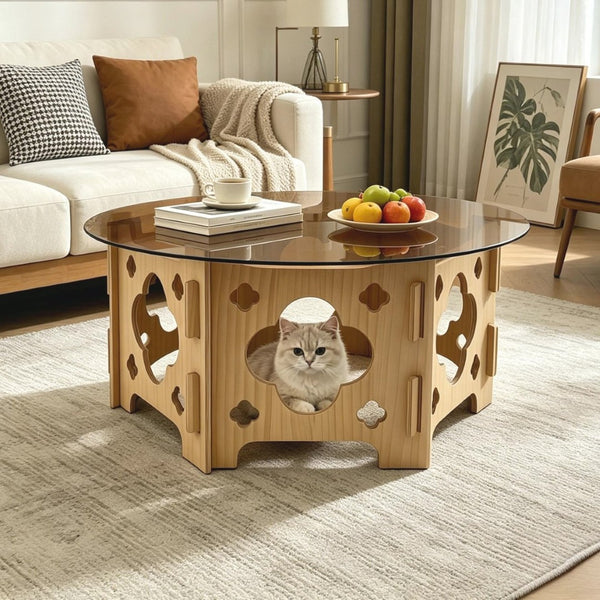 English Elm Round Carved Wood Base Coffee Table with Tea Glass Top for Modern Living Rooms W3935P481195