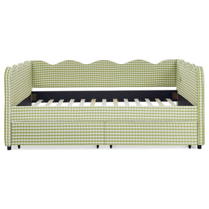 English Elm Full Size Gingham Linen Daybed with Wave Backrest Trundle and Usb Charging Port Green W1413S00147