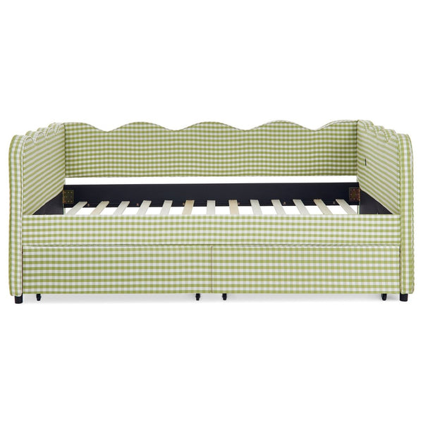 English Elm Full Size Gingham Linen Daybed with Wave Backrest Trundle and Usb Charging Port Green W1413S00147