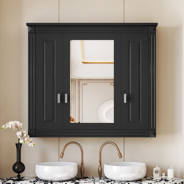 English Elm Bathroom Wall Cabinet with Mirror and 5 Shelves — Wall-Mounted Medicine Cabinet, Modern Storage Solution Black N710P252503B