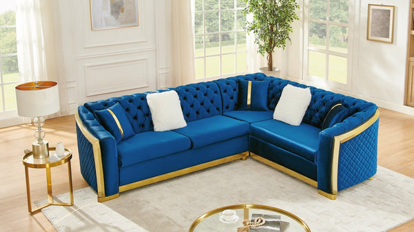 English Elm 106 Inch Velvet Tufted Chesterfield Sectional with Gold Steel Legs for Large Living Rooms Blue W1191S00126