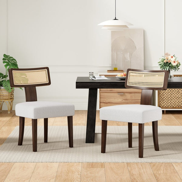 English Elm Upholstered Armless Dining Chairs with Rattan Back Hardwood Frame French Country Set of 2 Beige,Walnut T3623P411732
