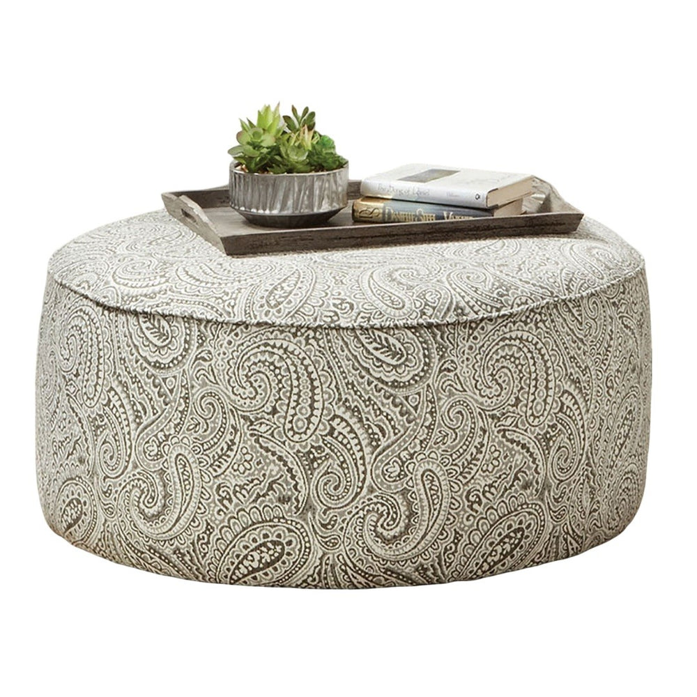 English Elm Transitional Round Upholstered Ottoman With Paisley Pattern, Welt Trim, And Multi-Finish Base B2741P355858-GIGA