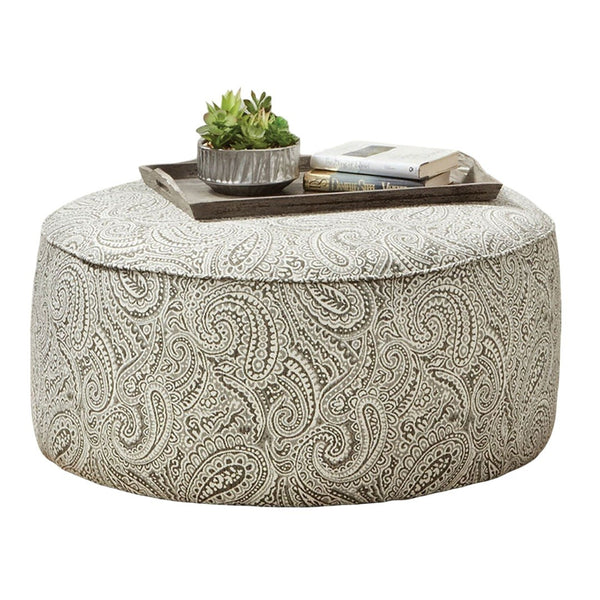 English Elm Transitional Round Upholstered Ottoman With Paisley Pattern, Welt Trim, And Multi-Finish Base B2741P355858-GIGA
