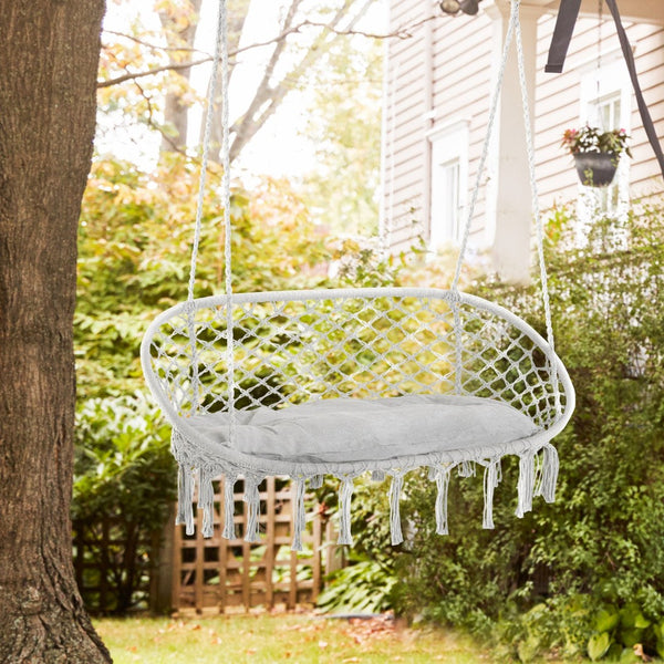 English Elm Outsunny 2-Person Macrame Hammock Chair With Soft Cushion - Stylish Indoor/Outdoor Swing, Gray W2225P174060-GIGA