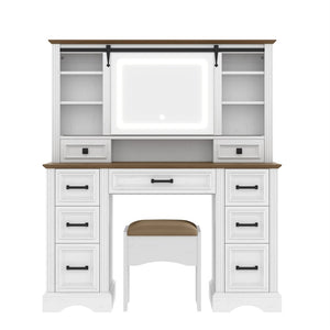 English Elm 47.2" Farmhouse Vanity Desk with Led Mirror Sliding Storage Stool 9 Drawers Oak White N704G202304A