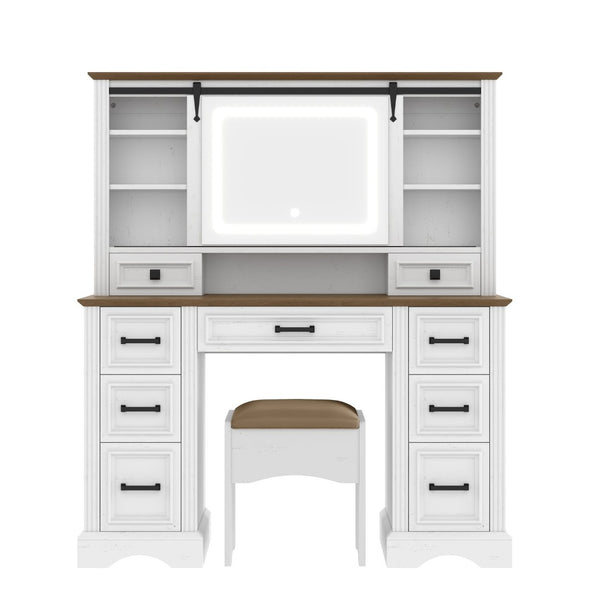 English Elm 47.2" Farmhouse Vanity Desk with Led Mirror Sliding Storage Stool 9 Drawers Oak White N704G202304A