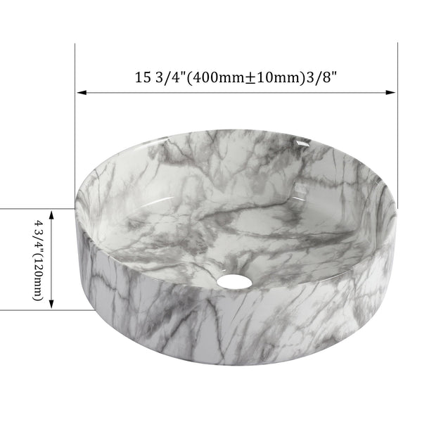 English Elm Ceramic Art Vessel Sink Above Counter – Elegant Gold Line Pattern, Durable Glaze, Easy-Clean Finish White+gray W999P346773