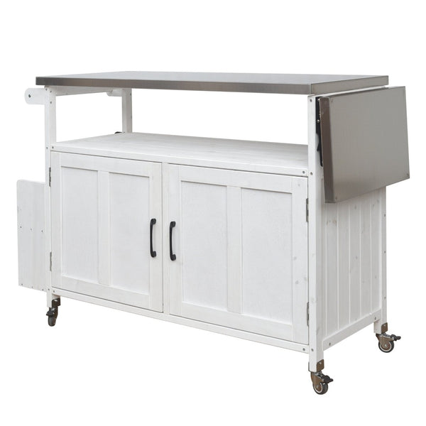 English Elm Foldable Outdoor Kitchen Cart with Stainless Worktop Fir Wood Frame and Lockable Wheels White N719P380279K