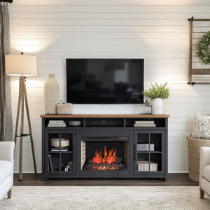 English Elm 74 Fireplace TV Stand Console for TVs up to 85", Two-Tone Black & Whiskey, Electric Insert, Storage B108P160222