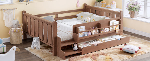 English Elm Twin Kids Platform Bed with Trundle Staircase Bookshelf and Rounded Safety Rails Natural W1580S00540