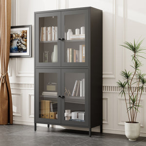 English Elm Classic Metal Storage Cabinet With 4 Glass Doors, Adjustable Shelves For Home & Office – Black Finish W2378P176372