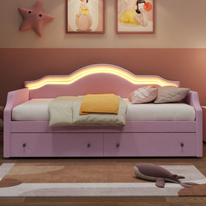 English Elm Twin Upholstered Daybed with Built-In LED & 2 Drawers, Velvet Platform Bed with Solid Wood Frame, Modern Curved Backrest, Twin Size, No Box Spring Needed Pink N7500001851H