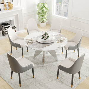 English Elm 53" Round Marble Dining Table With Silver Stainless Steel Base And Lazy Susan For 6 People, White W1535S00462