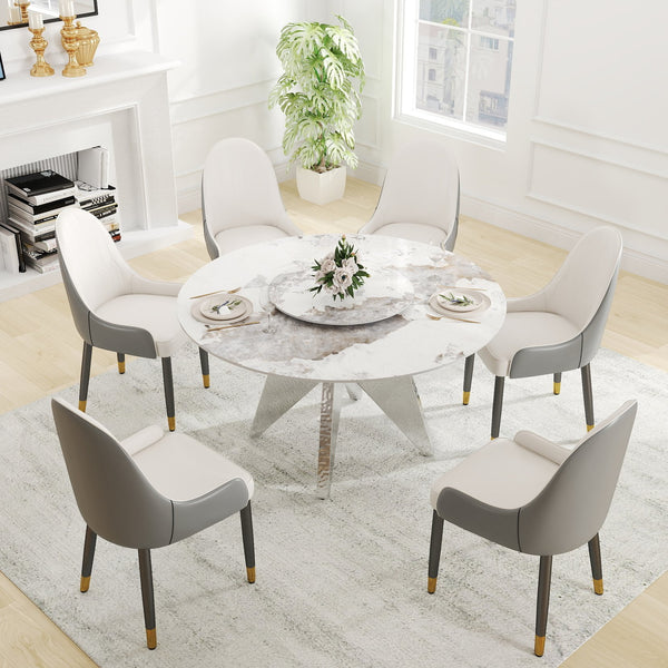 English Elm 53" Round Marble Dining Table With Silver Stainless Steel Base And Lazy Susan For 6 People, White W1535S00462