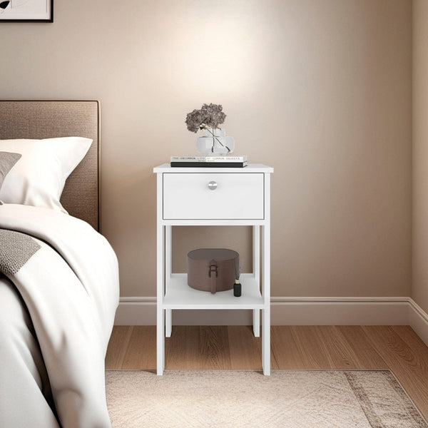 English Elm White Modern 1-Drawer Nightstand with Open Shelf, Compact Melamine Bedside Storage for Small Rooms (27.6"H) B062P380073